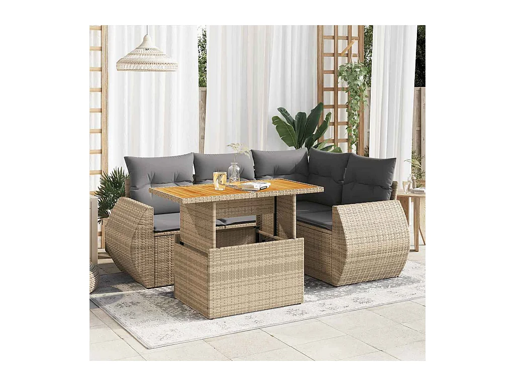 5 peças conjunto de sofás para jardim com almofadões vime PE bege