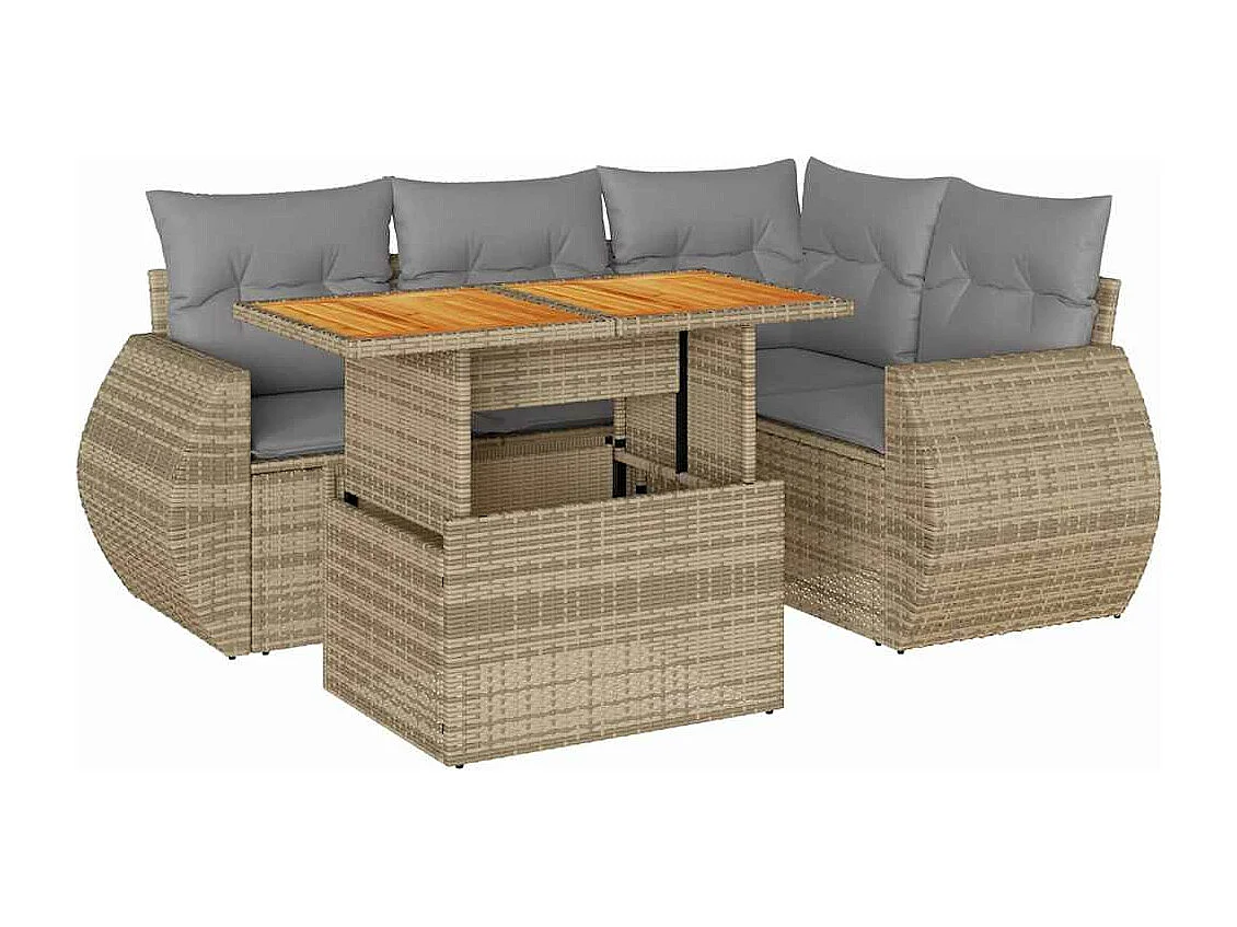 5-delige Loungeset met kussens poly rattan beige