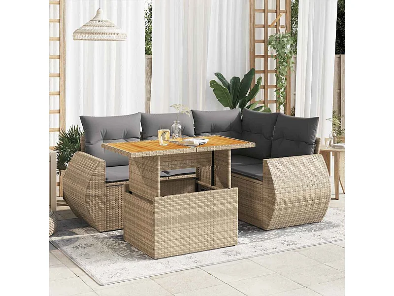 5-delige Loungeset met kussens poly rattan beige