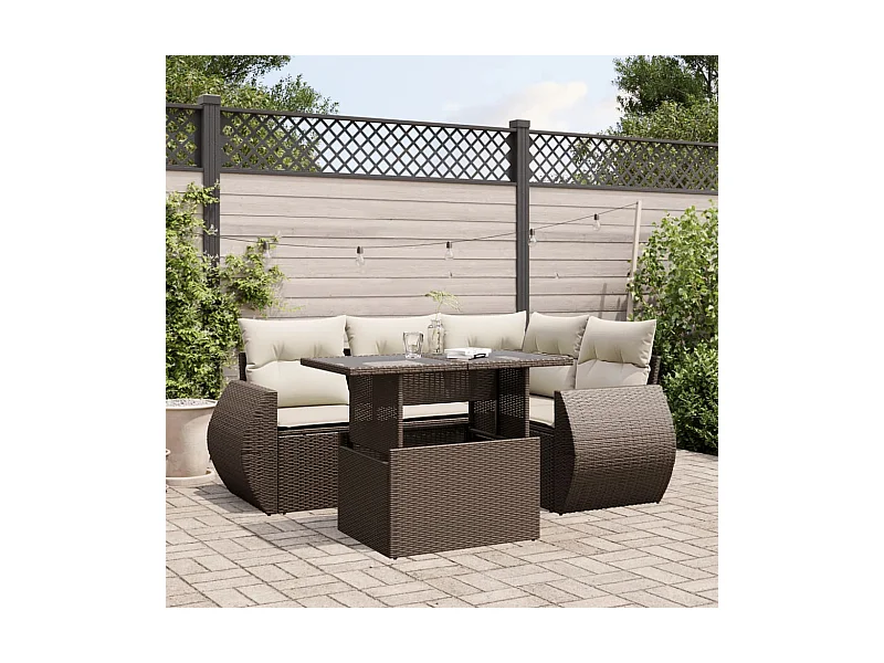 Salon de jardin avec coussins 5 pièces marron résine tressée