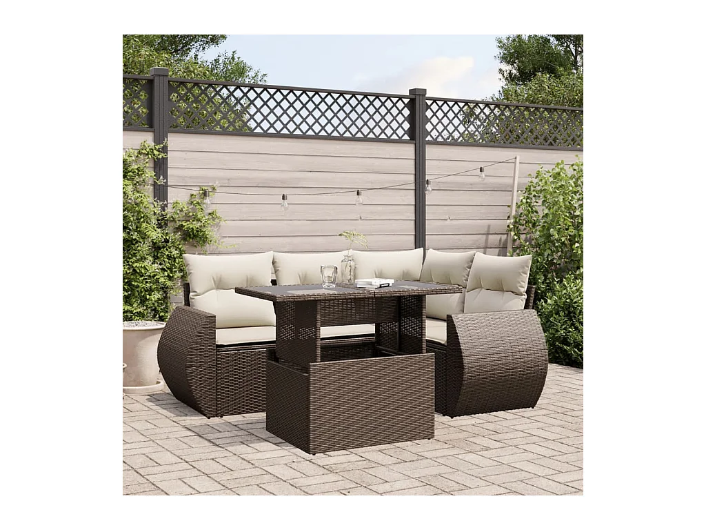 Salon de jardin avec coussins 5 pièces marron résine tressée