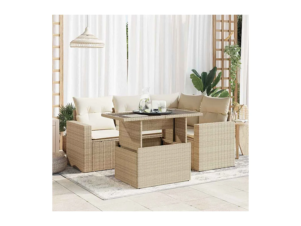 5-delige Loungeset met kussens poly rattan beige