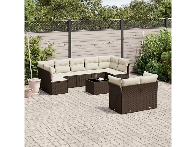 10-delige Loungeset met kussens poly rattan bruin