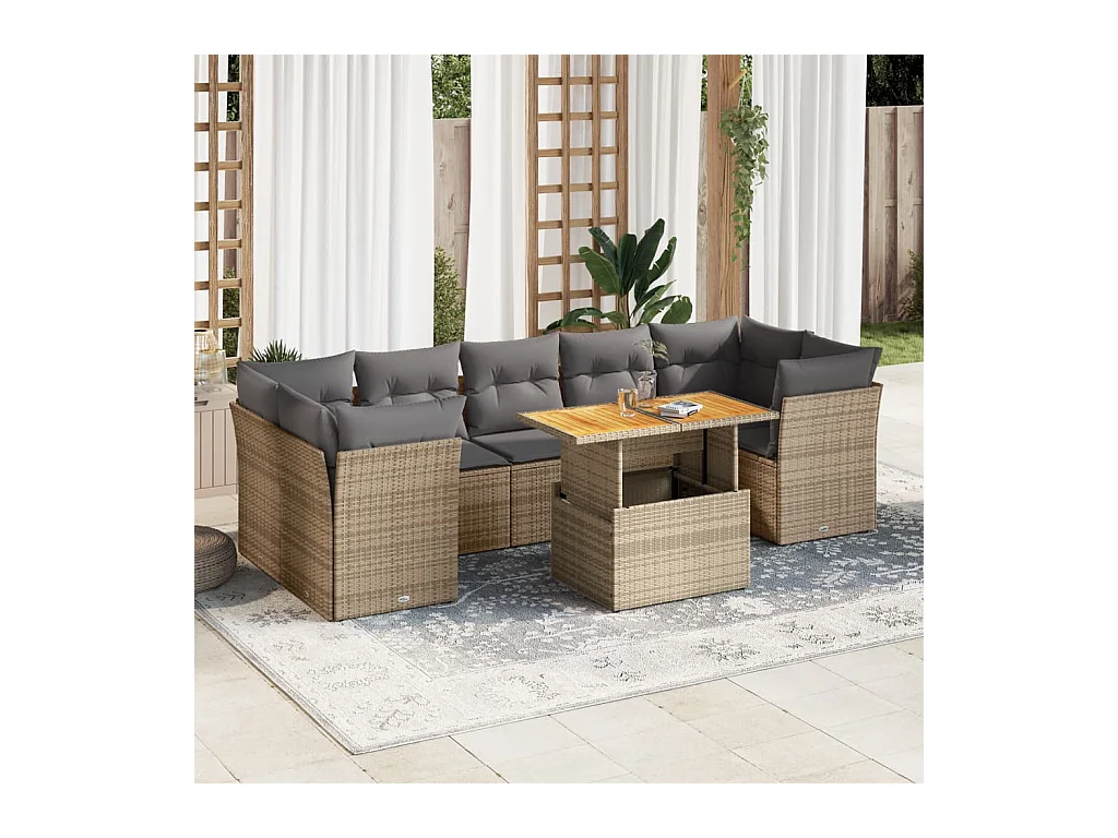 Salon de jardin avec coussins 8 pièces beige résine tressée
