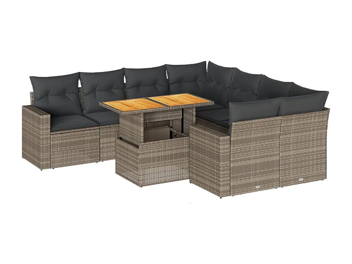 Set de sofás de jardín con cojines 9 piezas ratán sintético gris