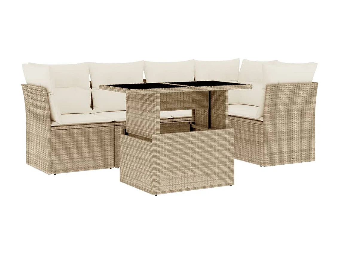 6-delige Loungeset met kussens poly rattan beige