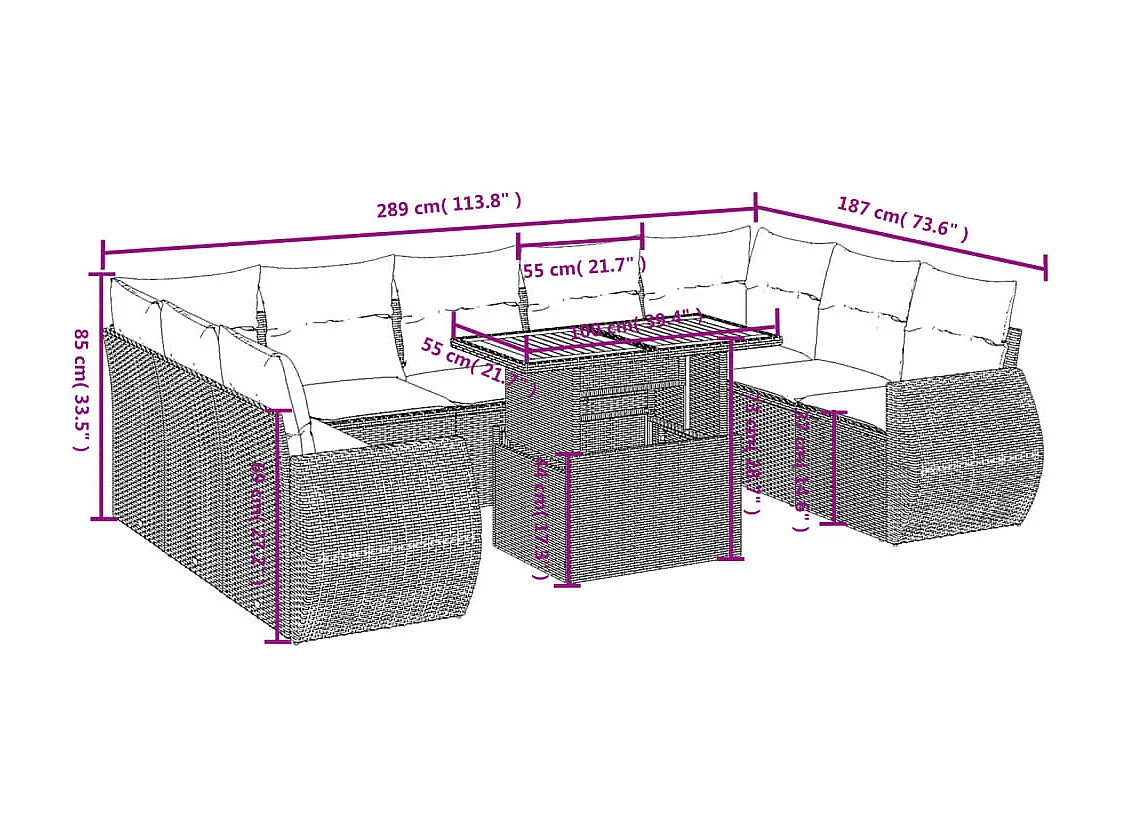 10-delige Loungeset met kussens poly rattan beige