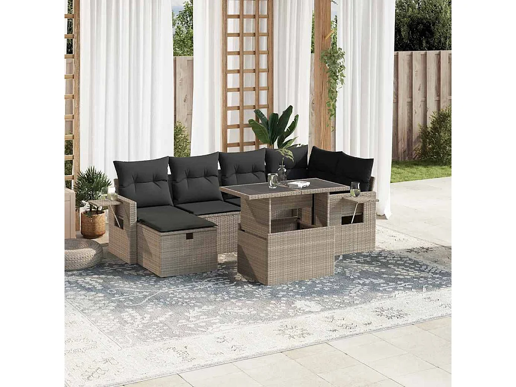 Salon de jardin avec coussins 7 pièces gris clair résine tressée