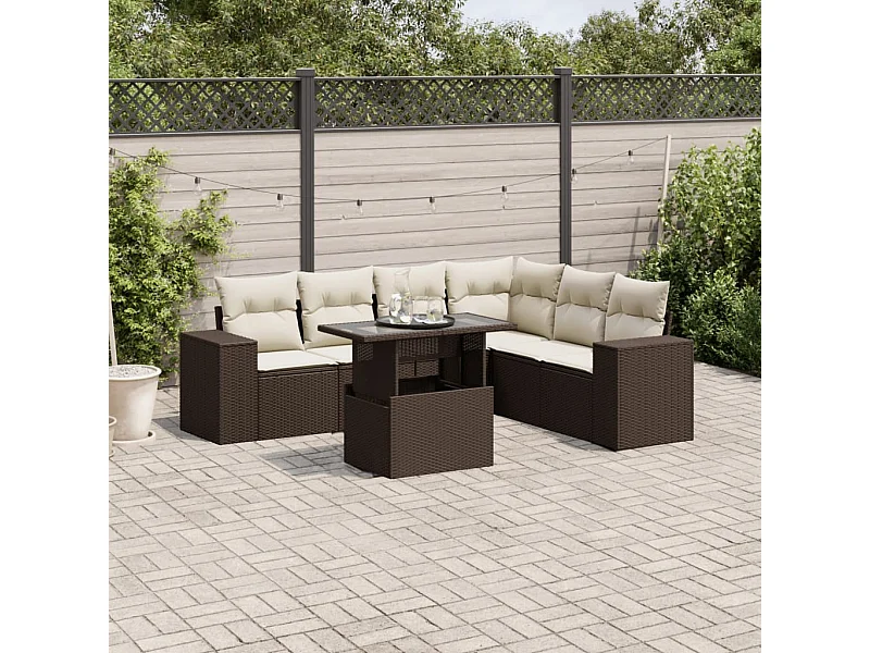 7-delige Loungeset met kussens poly rattan bruin