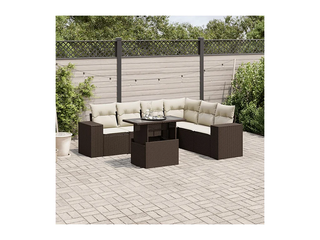 7-delige Loungeset met kussens poly rattan bruin