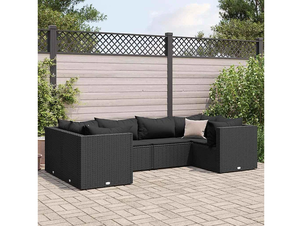 6-delige Loungeset met kussens poly rattan zwart