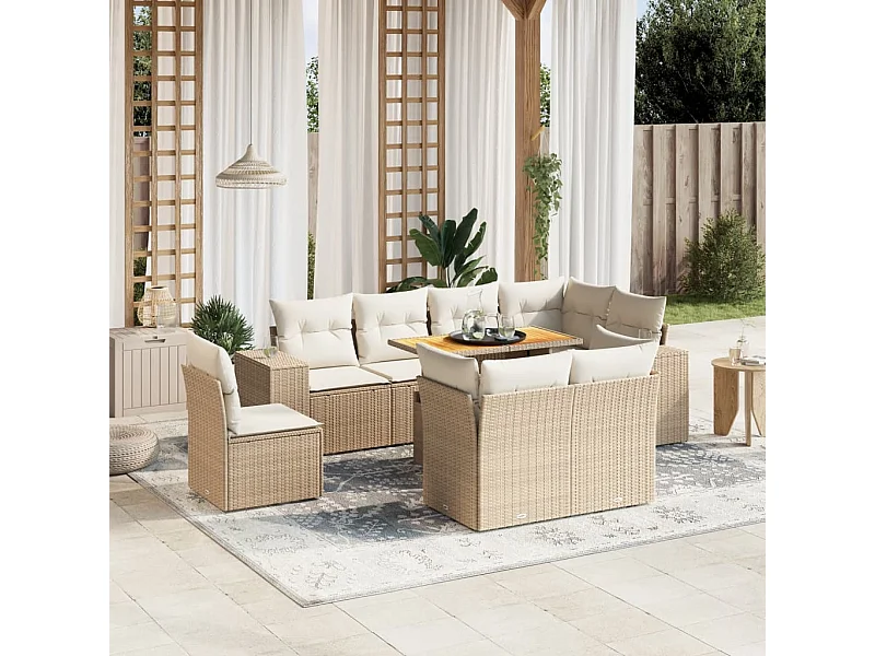 Salon de jardin avec coussins 9 pièces beige résine tressée