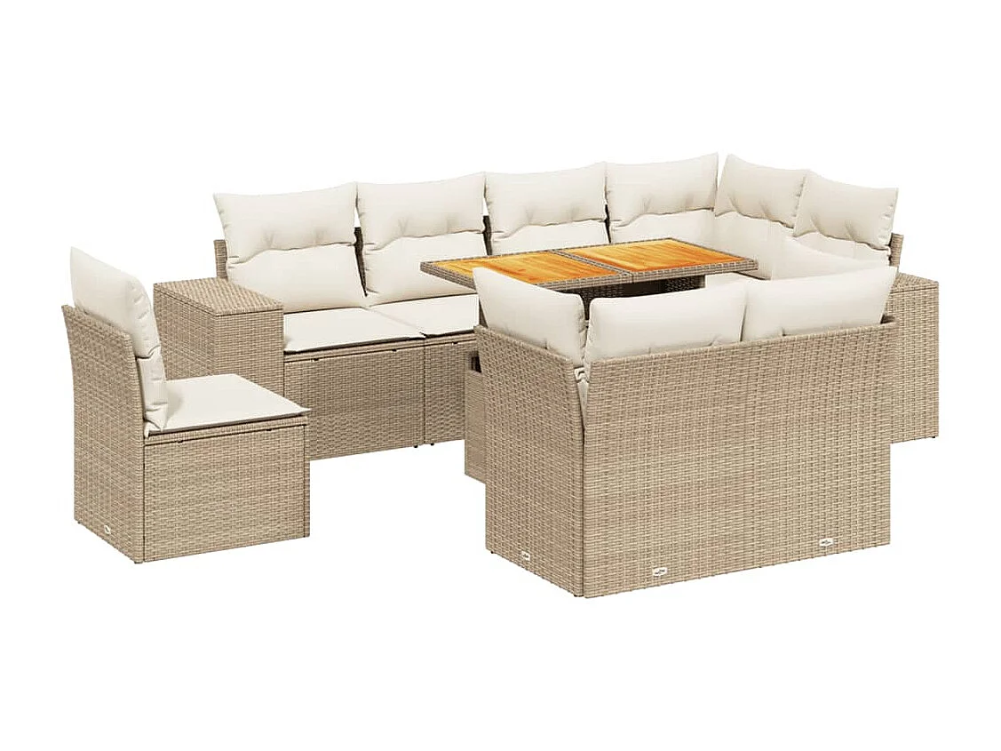 Set de sofás de jardín 9 piezas con cojines ratán sintético beige