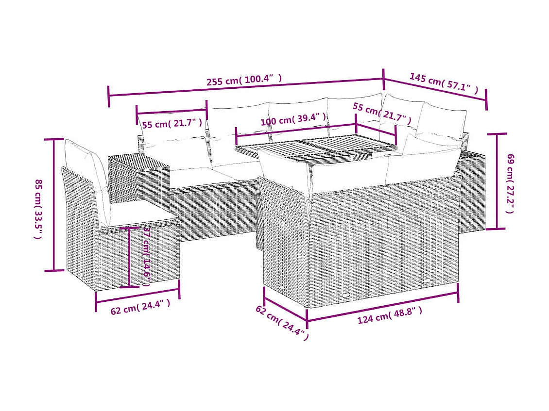 Set de sofás de jardín 9 piezas con cojines ratán sintético beige