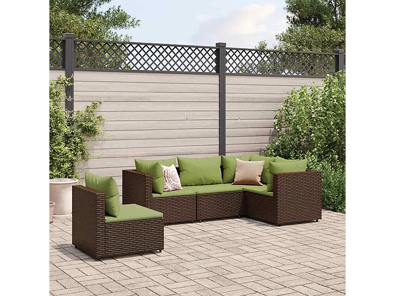 5 peças conjunto lounge jardim com almofadões vime PE castanho
