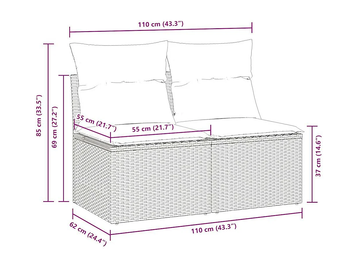 2-delige Loungeset met kussens poly rattan acacia zwart