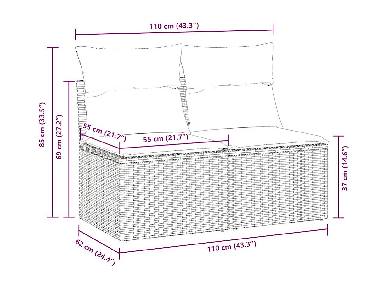 Salon de jardin 2 pièces avec coussins noir résine tressée acacia