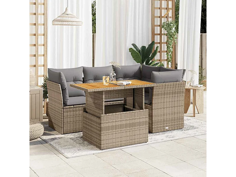 5-delige Loungeset met kussens poly rattan beige