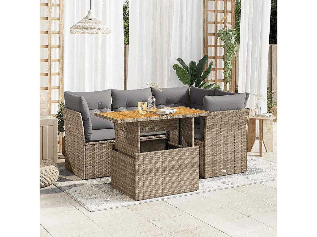 5-delige Loungeset met kussens poly rattan beige