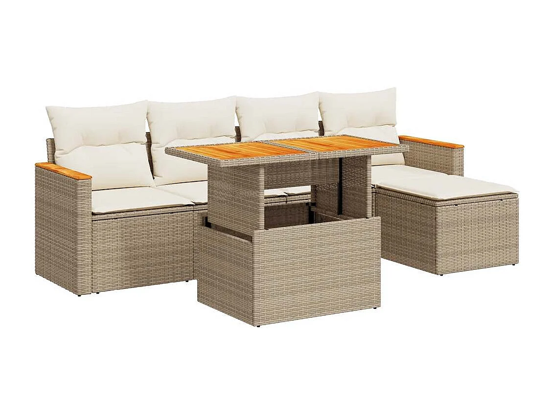 6-delige Loungeset met kussens poly rattan acacia beige