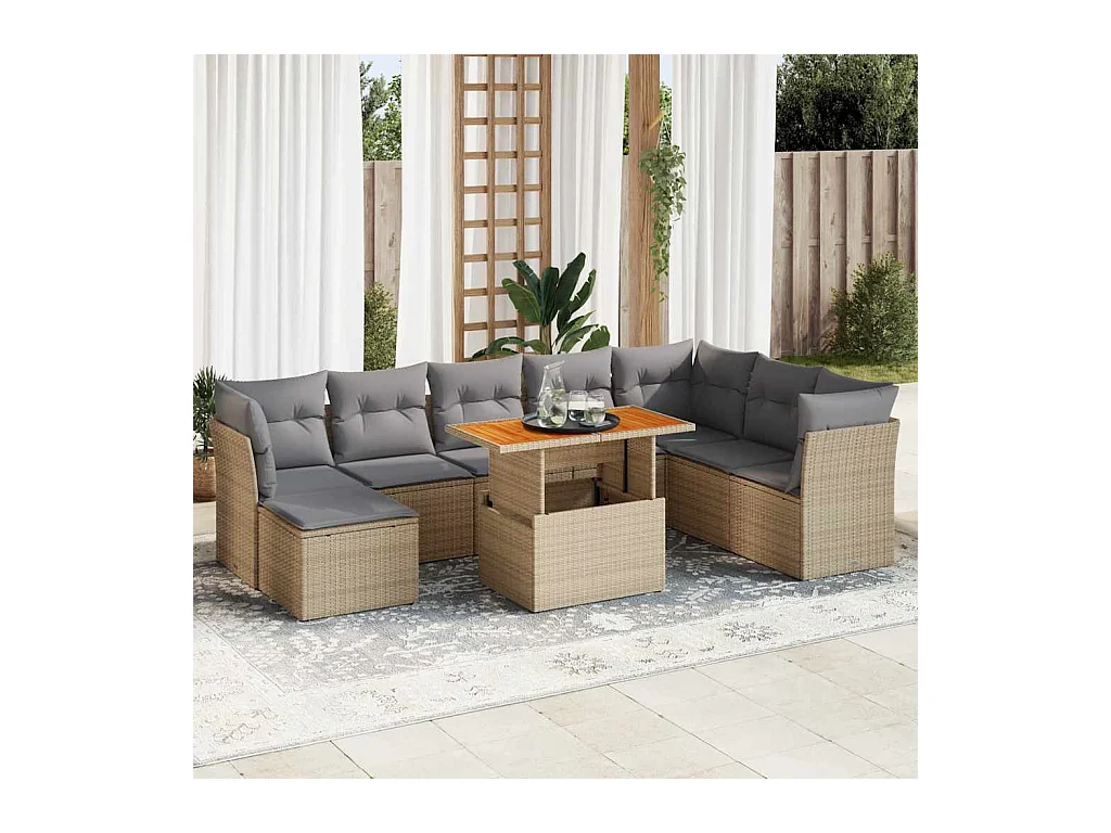 9 peças conjunto de sofás para jardim com almofadões vime PE bege