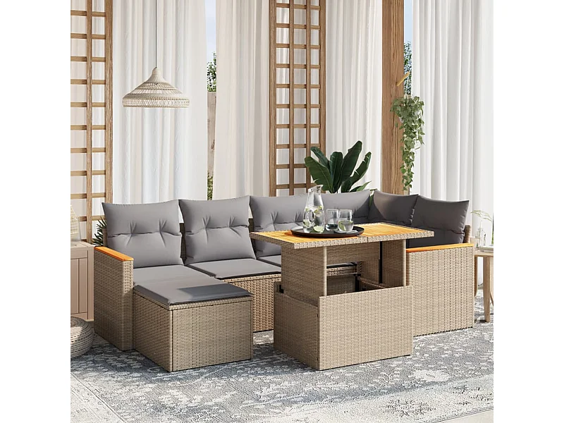 Salon de jardin avec coussins 7 pièces beige résine tressée