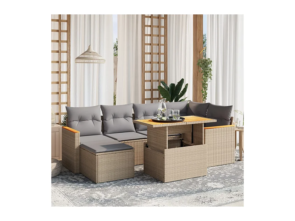 Salon de jardin avec coussins 7 pièces beige résine tressée