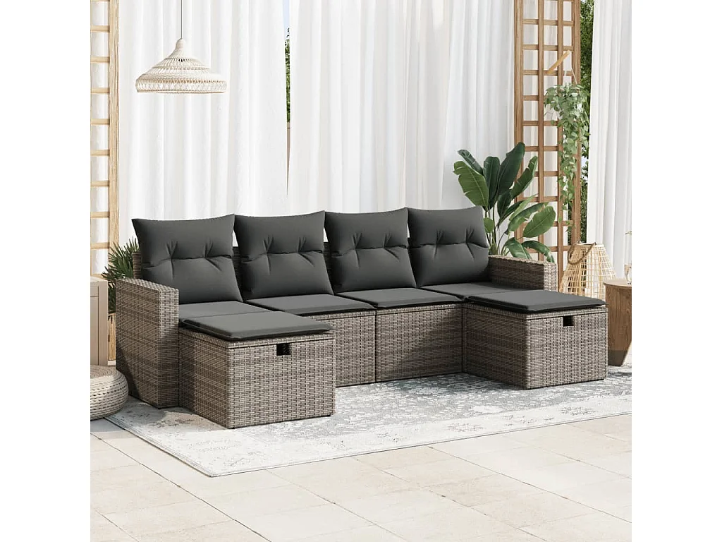 Salon de jardin 6 pièces avec coussins gris résine tressée