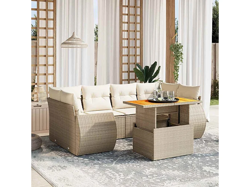 Salon de jardin avec coussins 7 pièces beige résine tressée