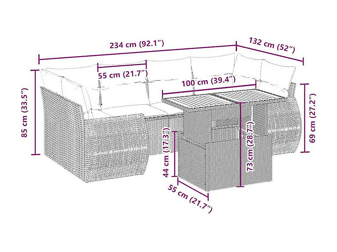 7-delige Loungeset met kussens poly rattan beige