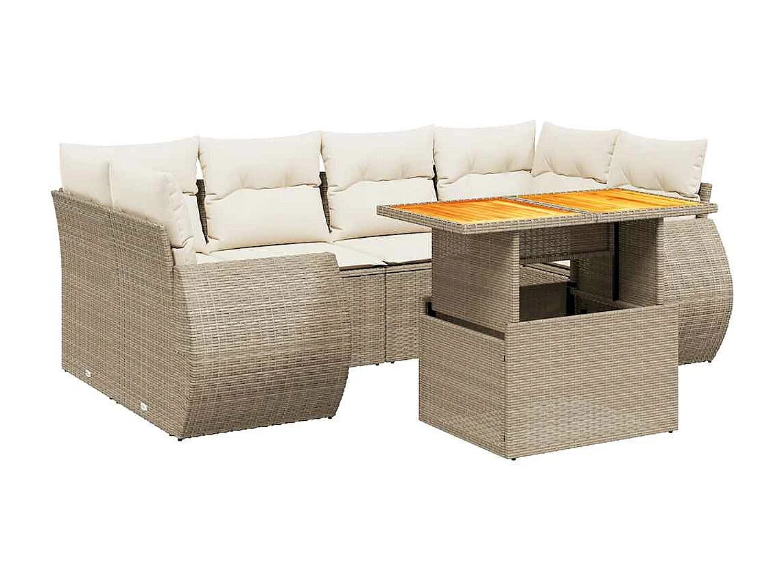 7-delige Loungeset met kussens poly rattan beige