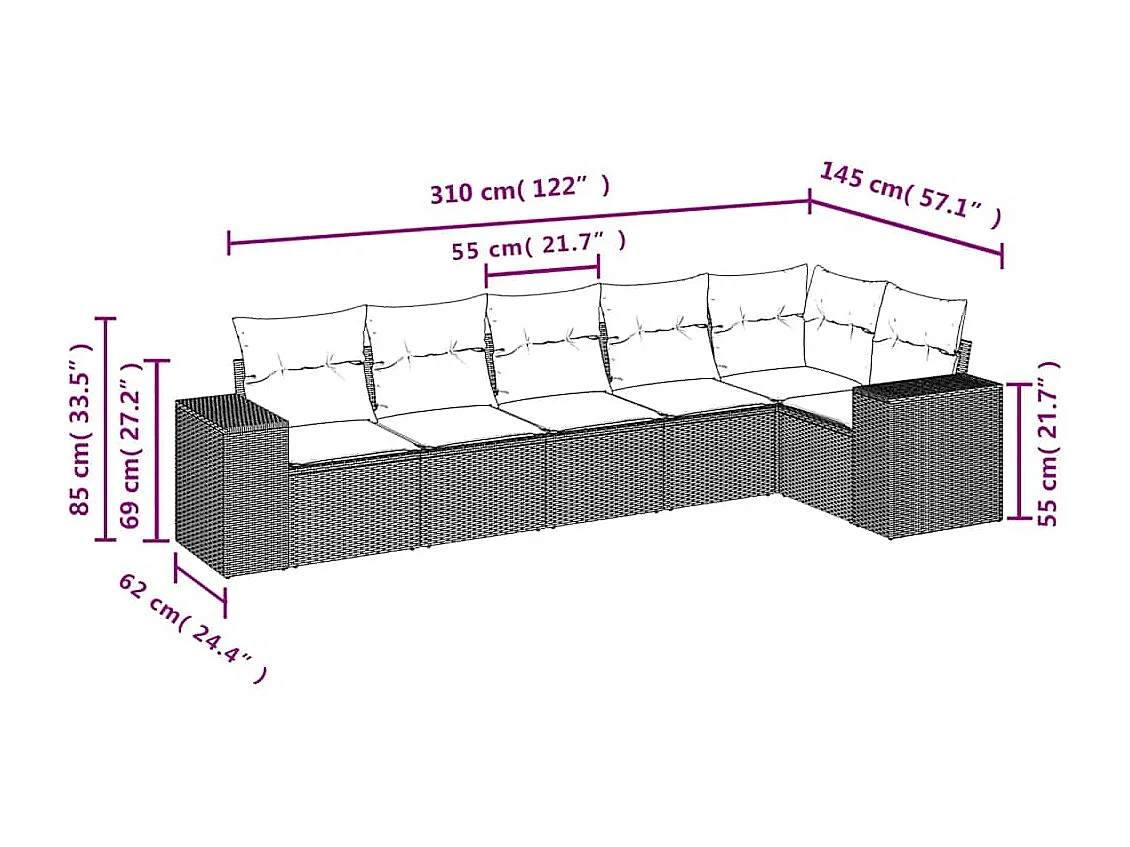 Set sofás de jardín 6 piezas y cojines ratán sintético marrón