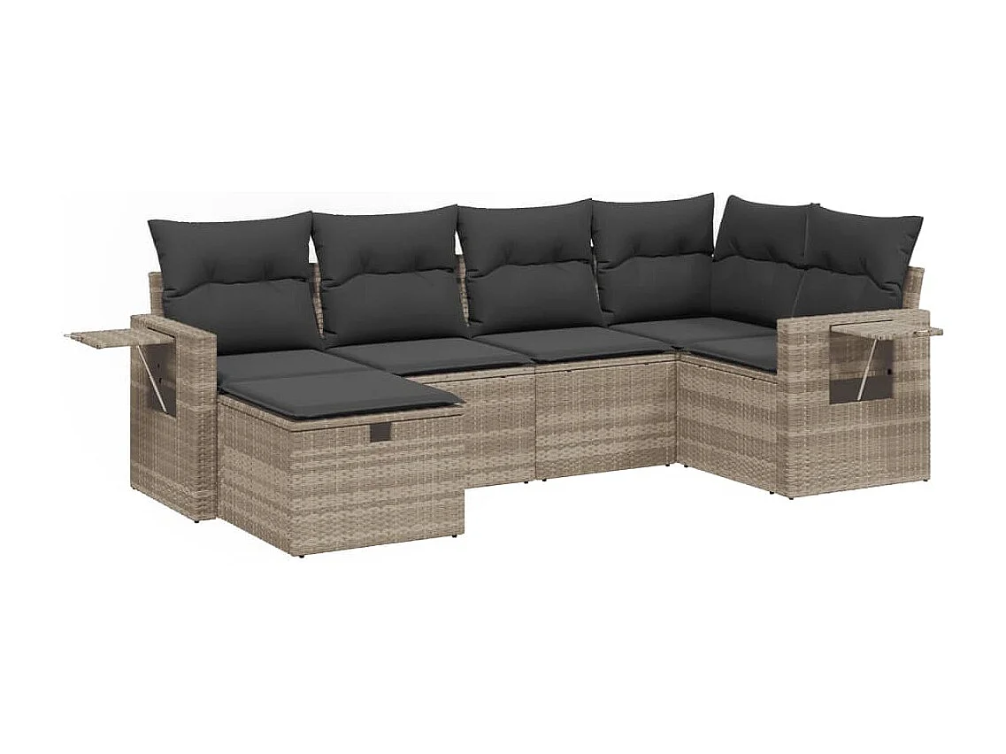 Set de sofás de jardín 6 piezas y cojines ratán sintético gris