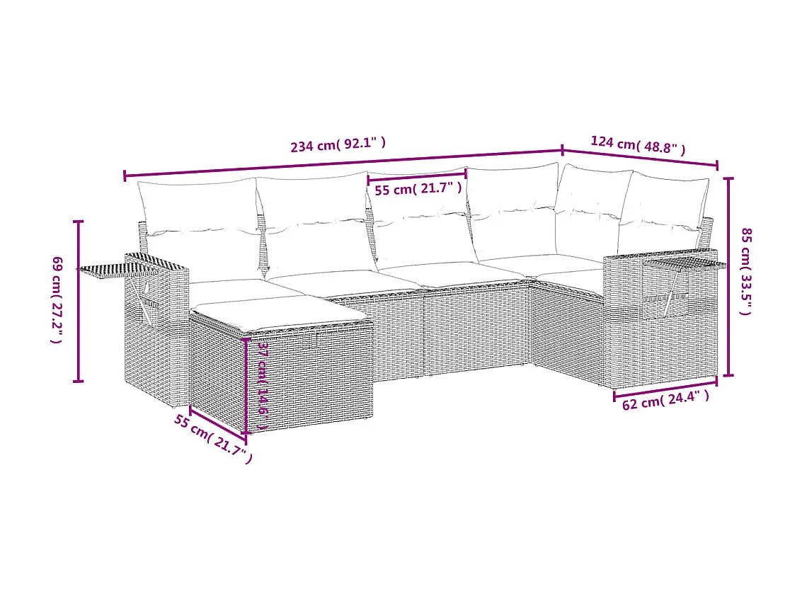Set de sofás de jardín 6 piezas y cojines ratán sintético gris