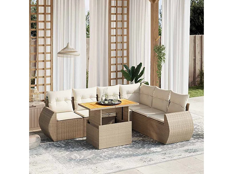 Salon de jardin avec coussins 7 pièces beige résine tressée