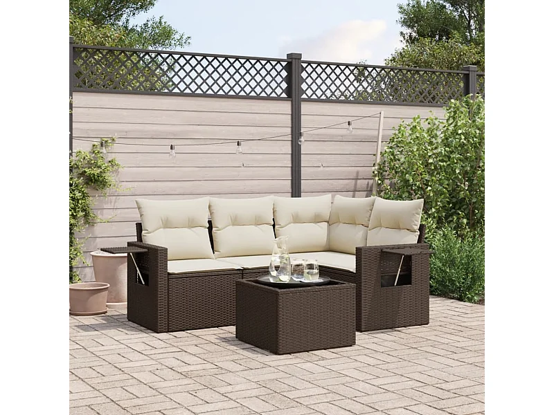 5-delige Loungeset met kussens poly rattan bruin