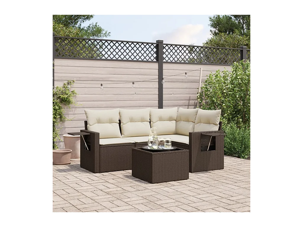 Salon de jardin avec coussins 5 pièces marron résine tressée