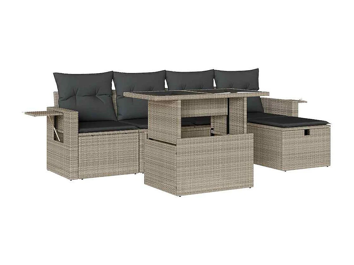 Set de sofás de jardín 6 piezas y cojines ratán sintético gris