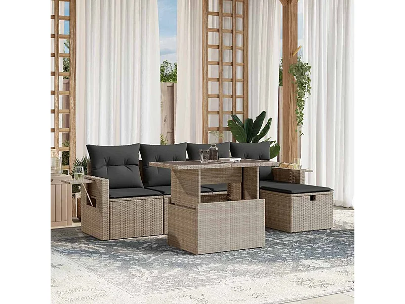 Set de sofás de jardín 6 piezas y cojines ratán sintético gris