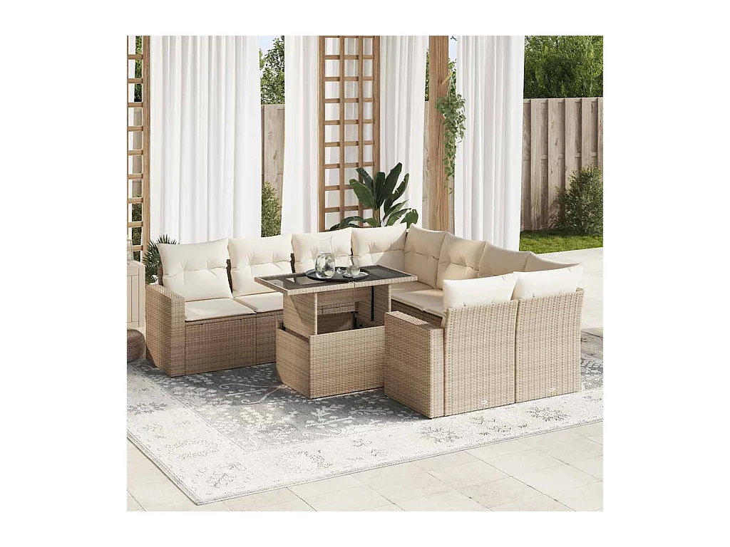 Salon de jardin avec coussins 9 pièces beige résine tressée