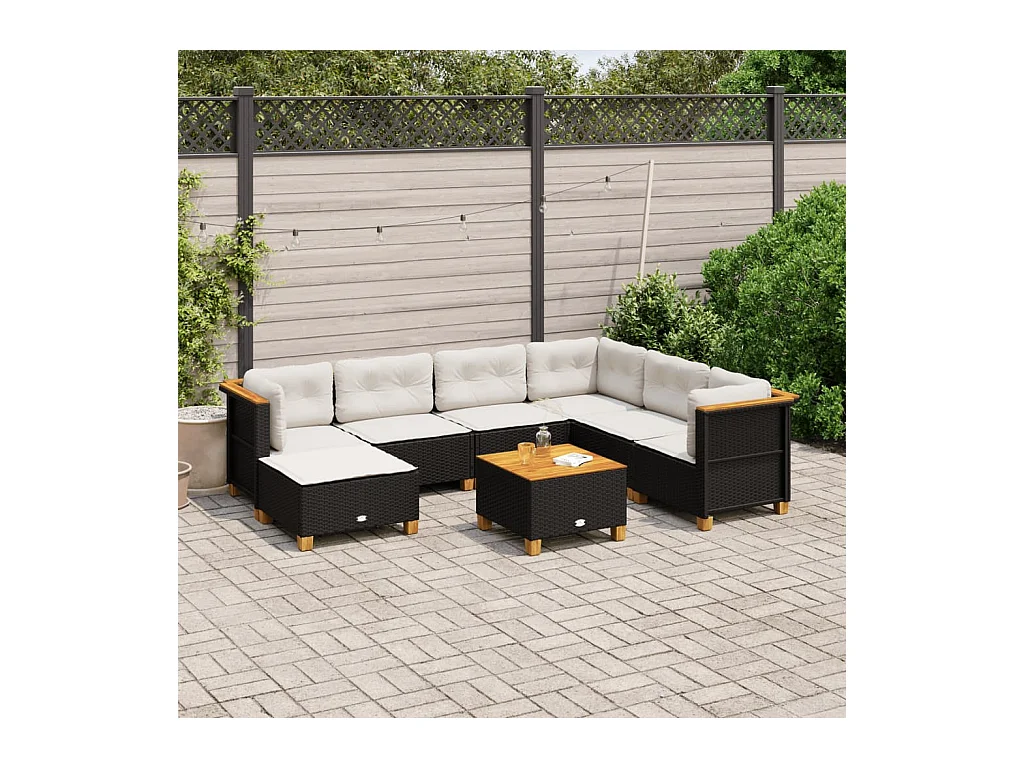 Salon de jardin 8 pièces avec coussins noir résine tressée