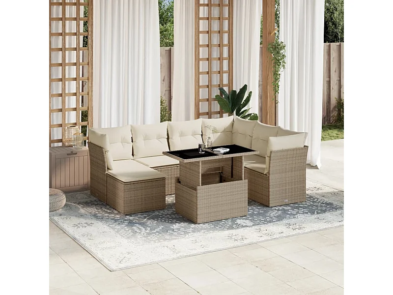 Salon de jardin avec coussins 8 pièces beige résine tressée