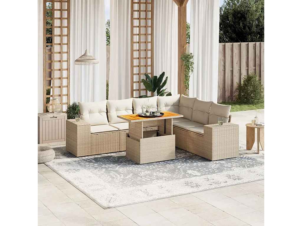 Set sofás de jardín 7 piezas y cojines ratán sintético beige
