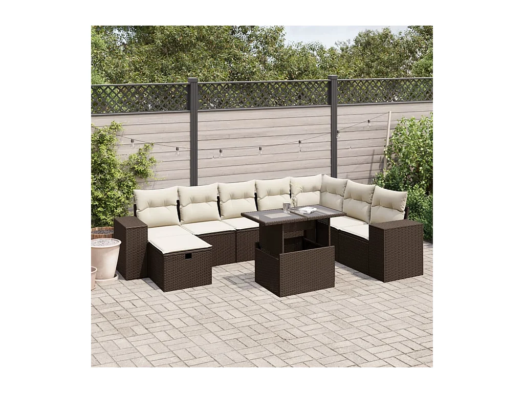 Salon de jardin avec coussins 9 pièces marron résine tressée