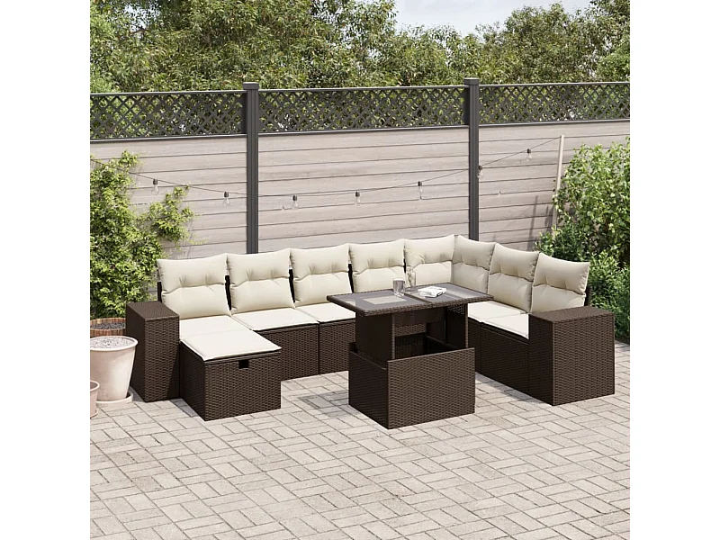 9 peças conjunto sofás para jardim com almofadões vime PE castanho