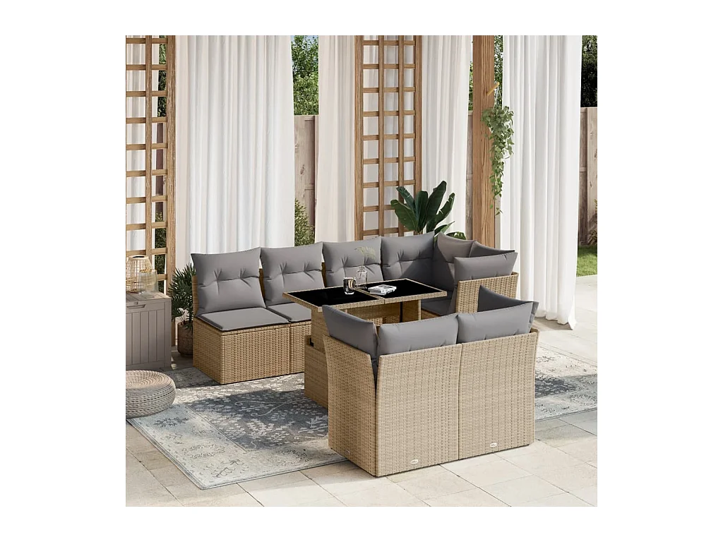 8 peças conjunto de sofás para jardim com almofadões vime PE bege