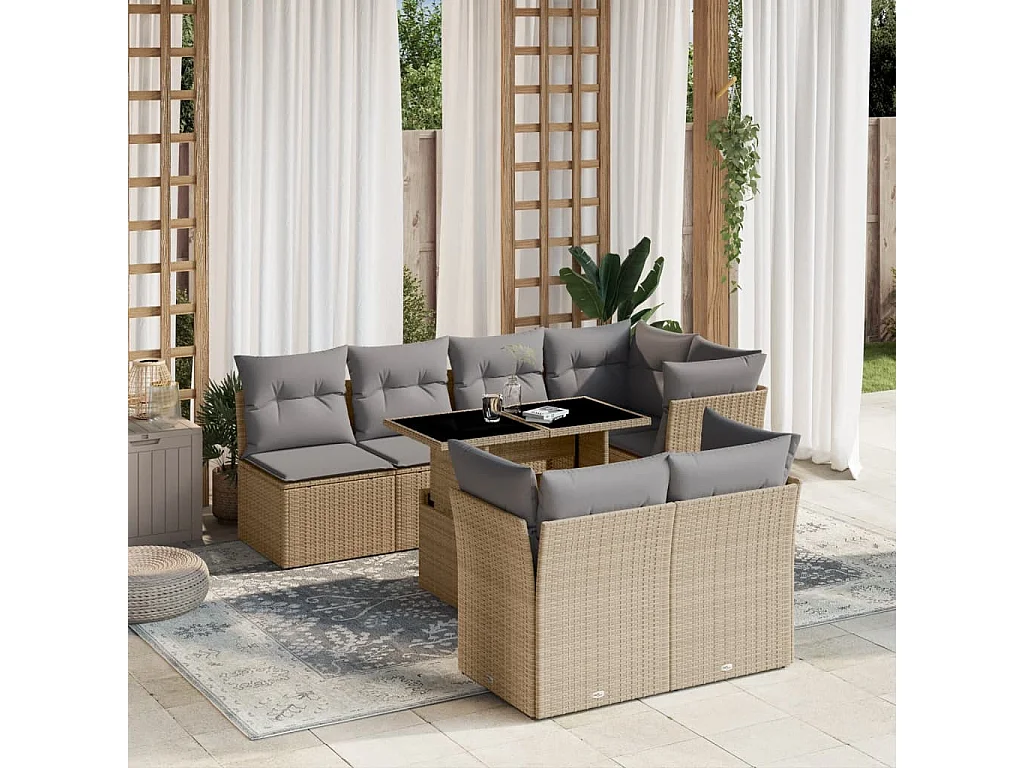 8 peças conjunto de sofás para jardim com almofadões vime PE bege