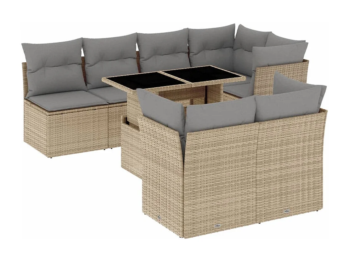 8 peças conjunto de sofás para jardim com almofadões vime PE bege