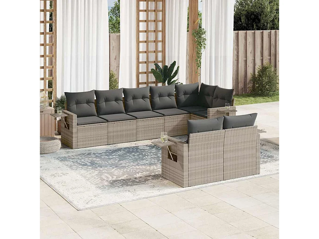 Salon de jardin 8 pièces avec coussins gris clair résine tressée