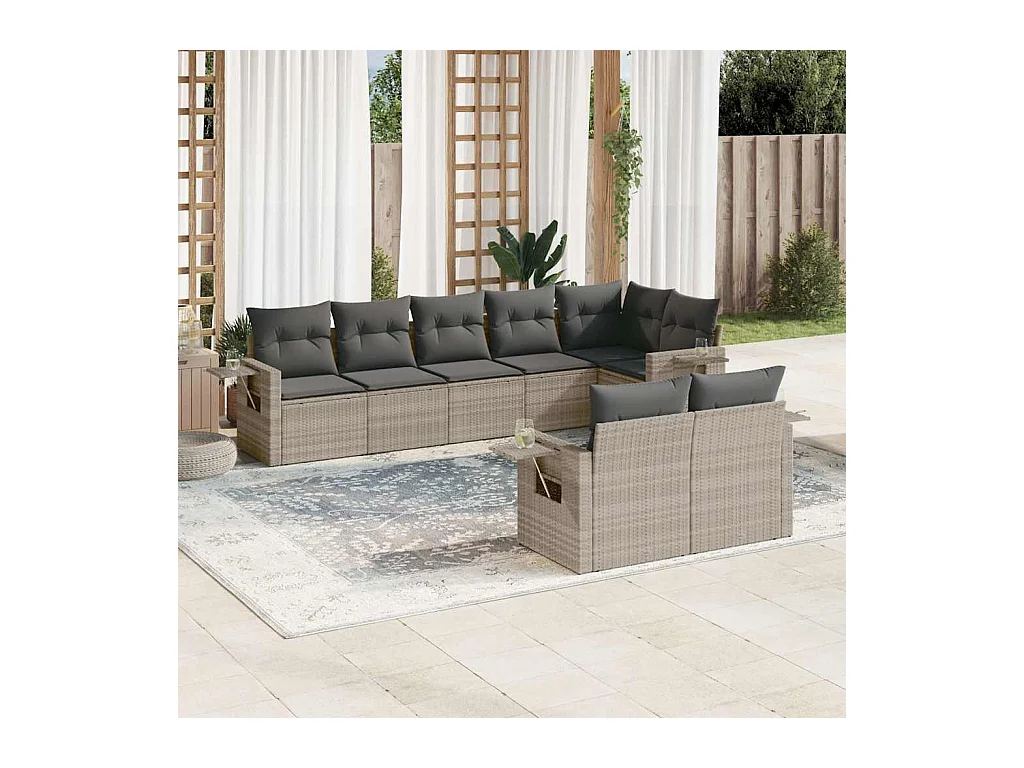 Set de sofás de jardín 8 piezas y cojines ratán sintético gris